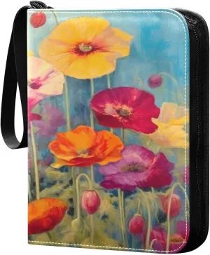 Oil Painting Poppies Card Binder 4-Pocket, 400 Pockets PU Waterproof Zippered Collector Card Album with 50 Removable Sleeves for Trading, Game Cards