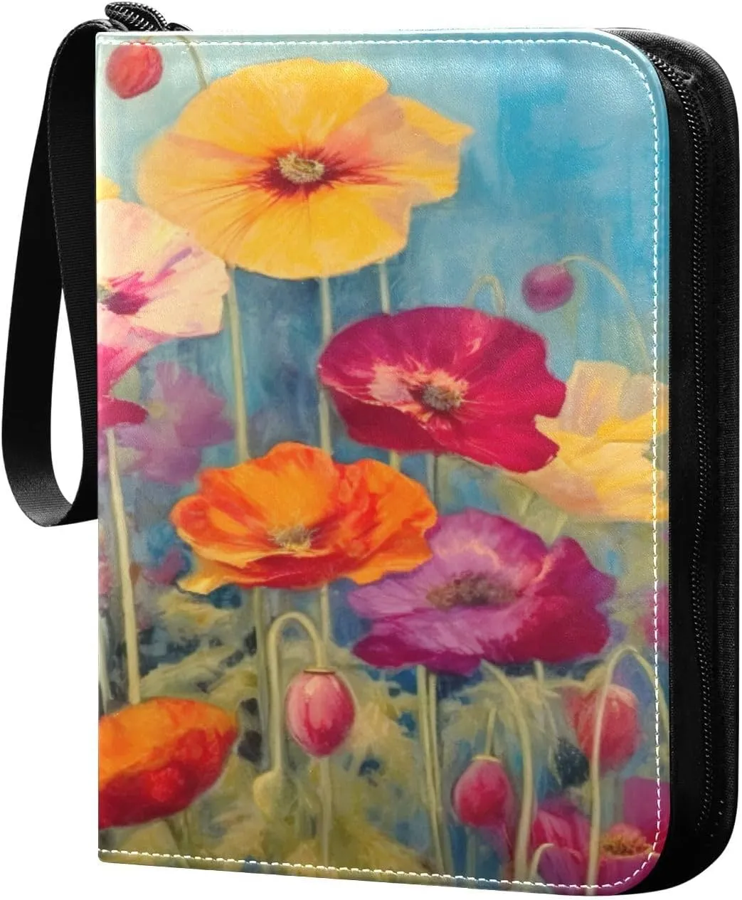 Oil Painting Poppies Card Binder 4-Pocket, 400 Pockets PU Waterproof Zippered Collector Card Album with 50 Removable Sleeves for Trading, Game Cards
