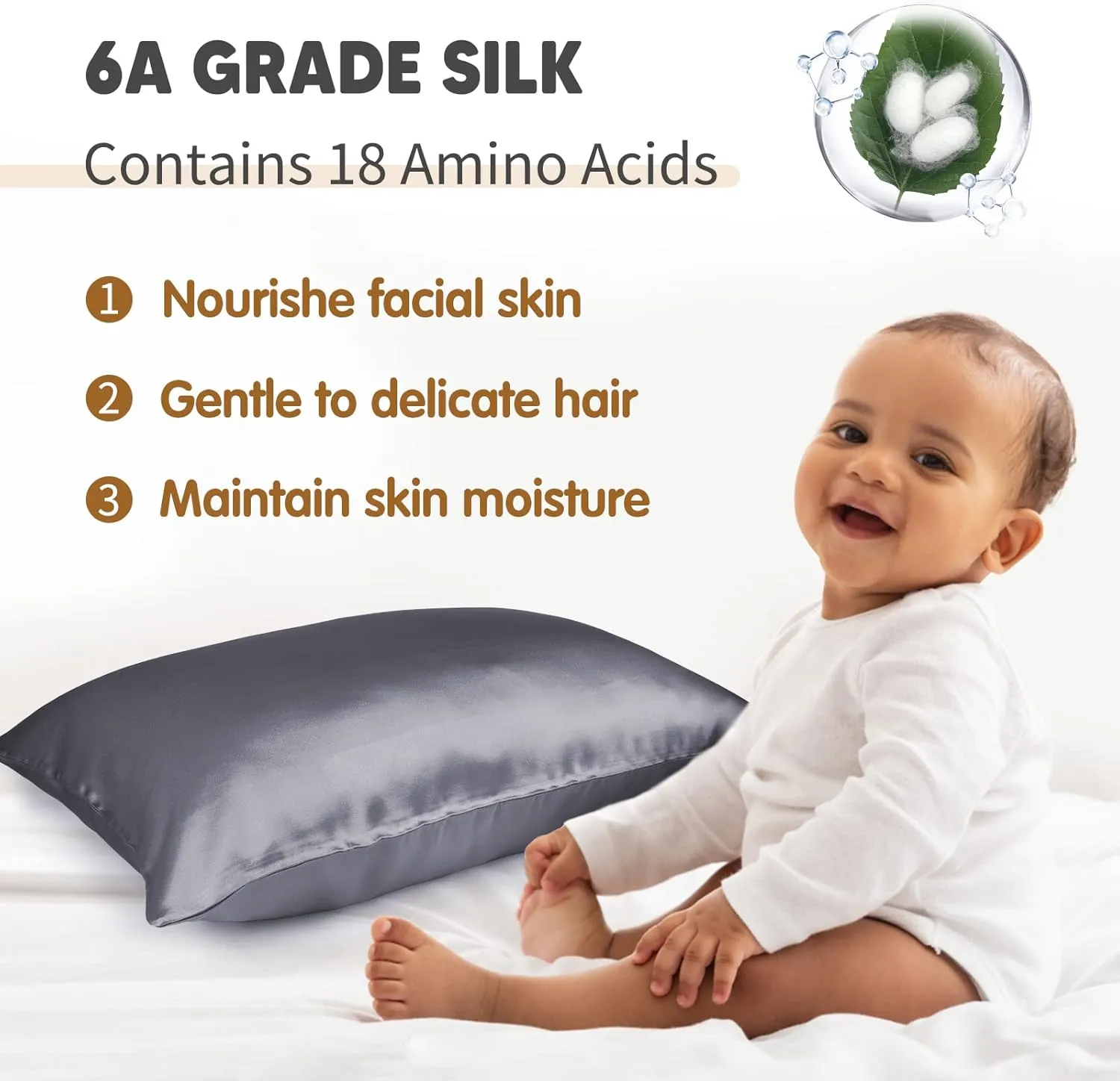 OLESILK 100% Mulberry Silk Toddler Pillowcase for Hair and Skin, Both Sides 19 Momme Pure Natural Silk Travel Pillow Cases with Hidden Zipper, 13"x 18", Iron Grey