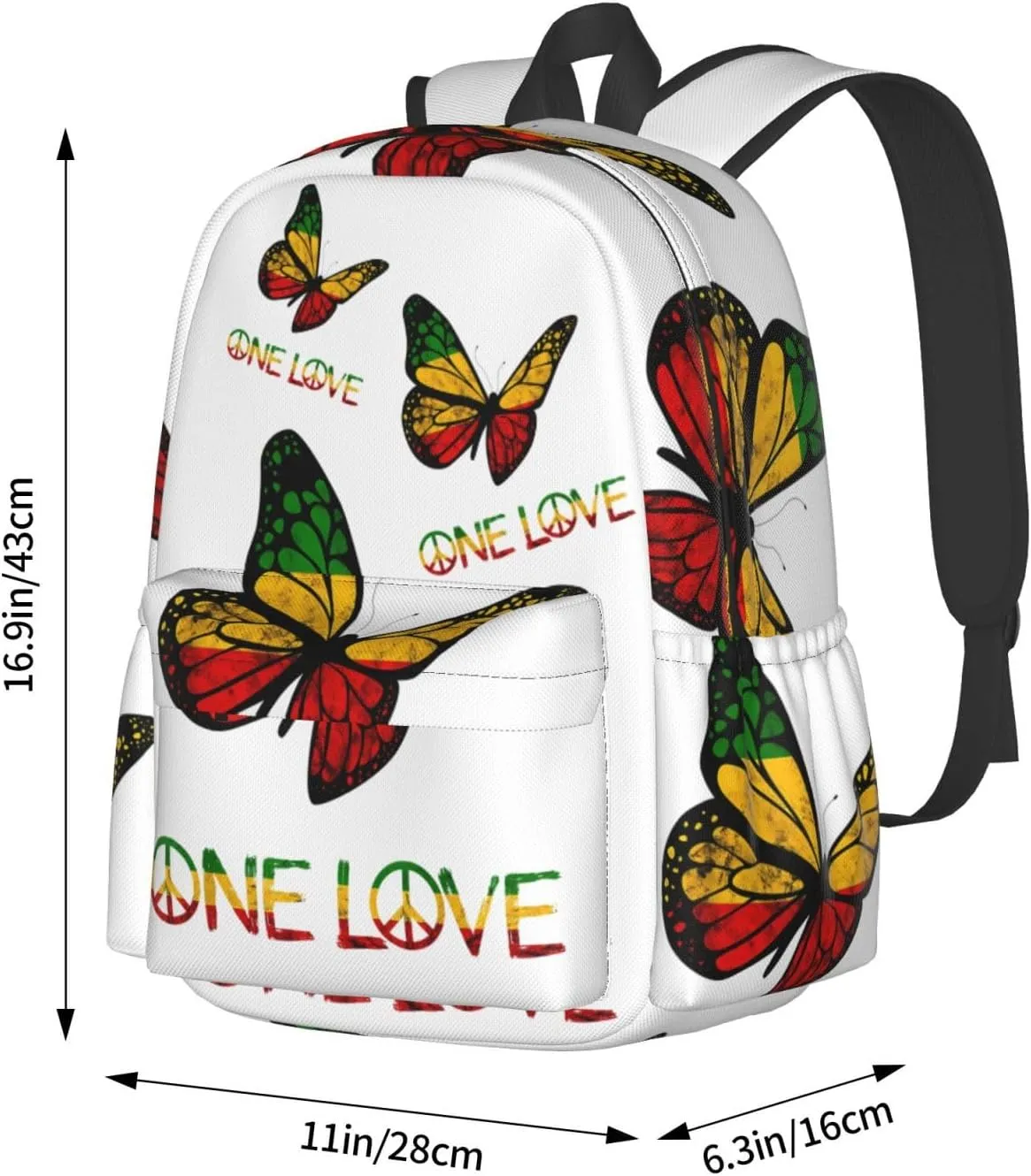 One Loves Butterfly Rasta Reggae Peace Rastafari Roots Casual Backpacks Large Travel Backpack Laptop Rucksack Sports Daypack Adjustable Strap Bag for Camping Hiking