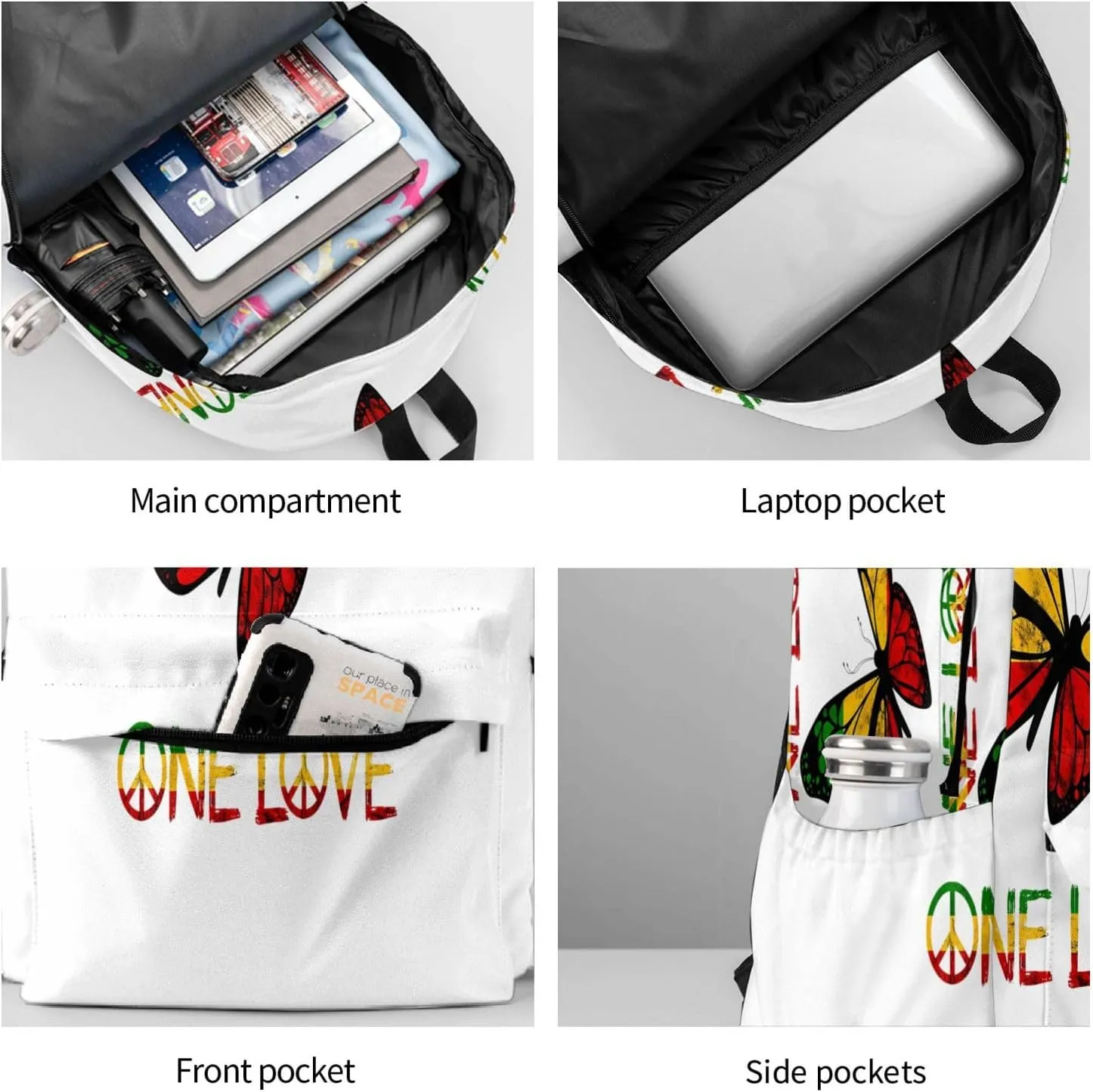 One Loves Butterfly Rasta Reggae Peace Rastafari Roots Casual Backpacks Large Travel Backpack Laptop Rucksack Sports Daypack Adjustable Strap Bag for Camping Hiking