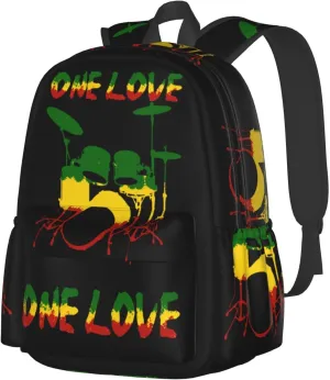 One Loves Rasta Reggae Roots Drum Set Music Casual Backpacks Large Travel Backpack Laptop Rucksack Sports Daypack Adjustable Strap Bag for Camping Hiking