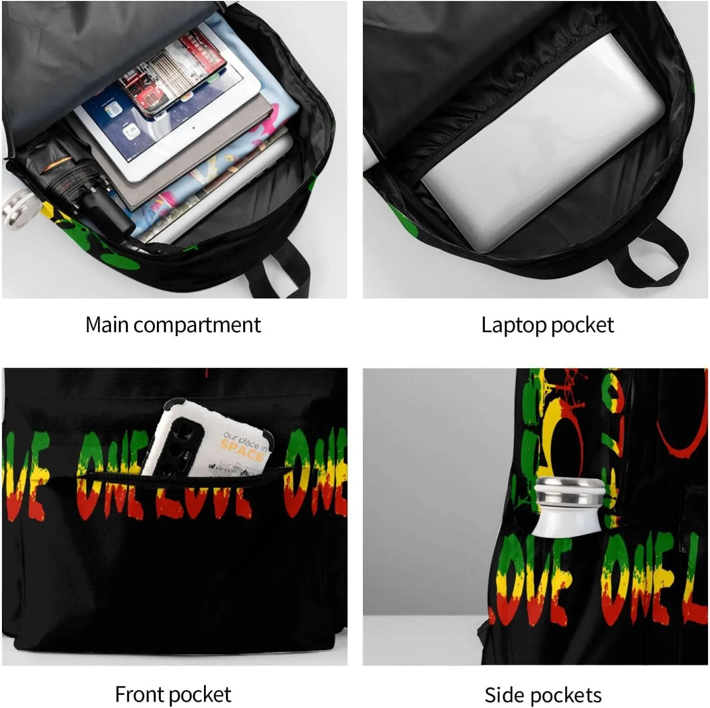One Loves Rasta Reggae Roots Drum Set Music Casual Backpacks Large Travel Backpack Laptop Rucksack Sports Daypack Adjustable Strap Bag for Camping Hiking