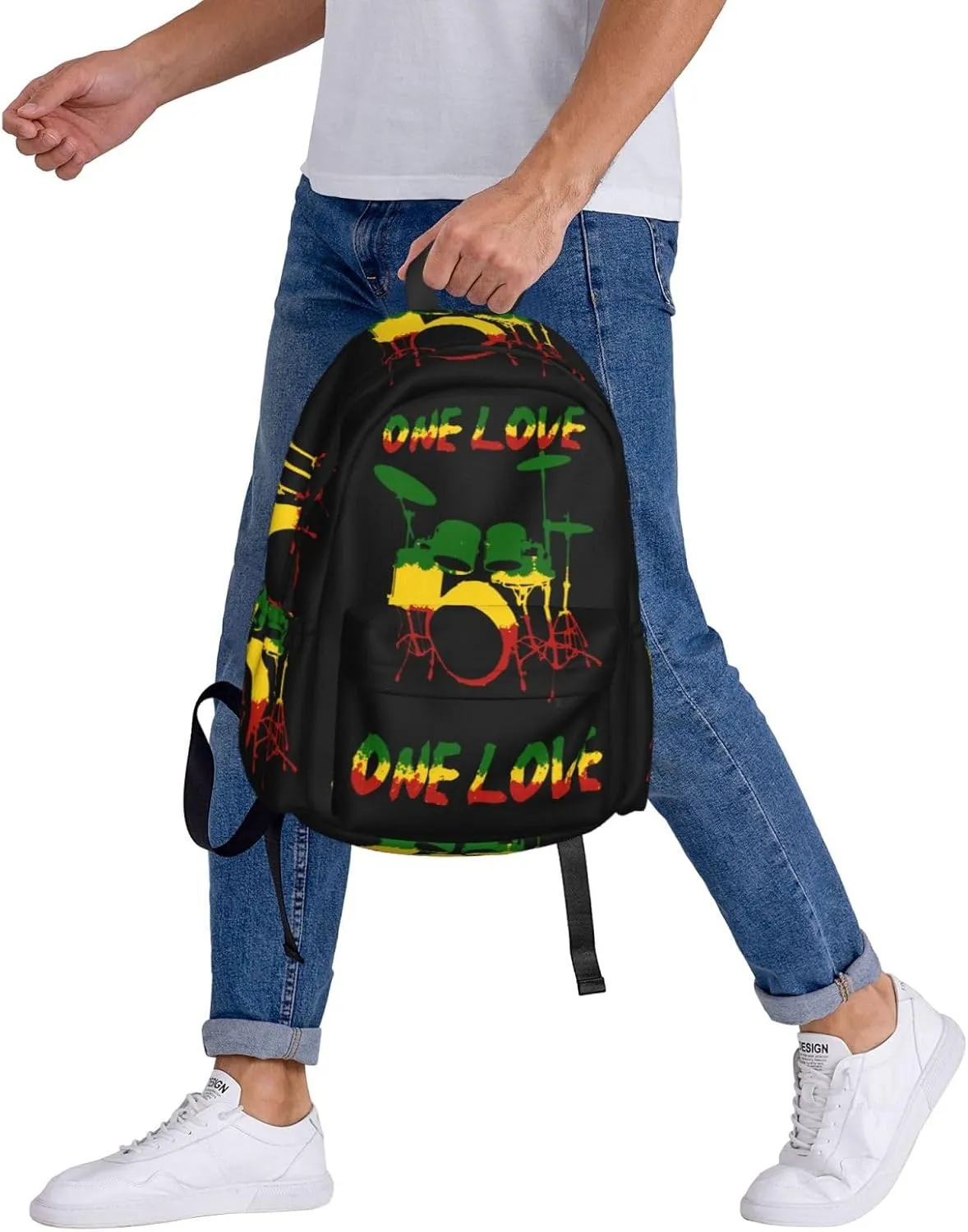 One Loves Rasta Reggae Roots Drum Set Music Casual Backpacks Large Travel Backpack Laptop Rucksack Sports Daypack Adjustable Strap Bag for Camping Hiking