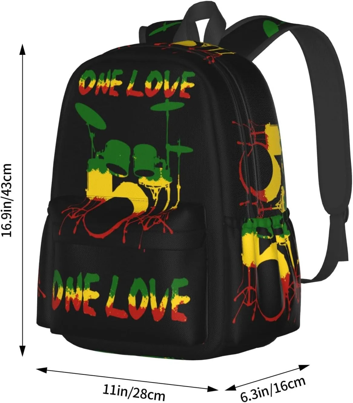One Loves Rasta Reggae Roots Drum Set Music Casual Backpacks Large Travel Backpack Laptop Rucksack Sports Daypack Adjustable Strap Bag for Camping Hiking