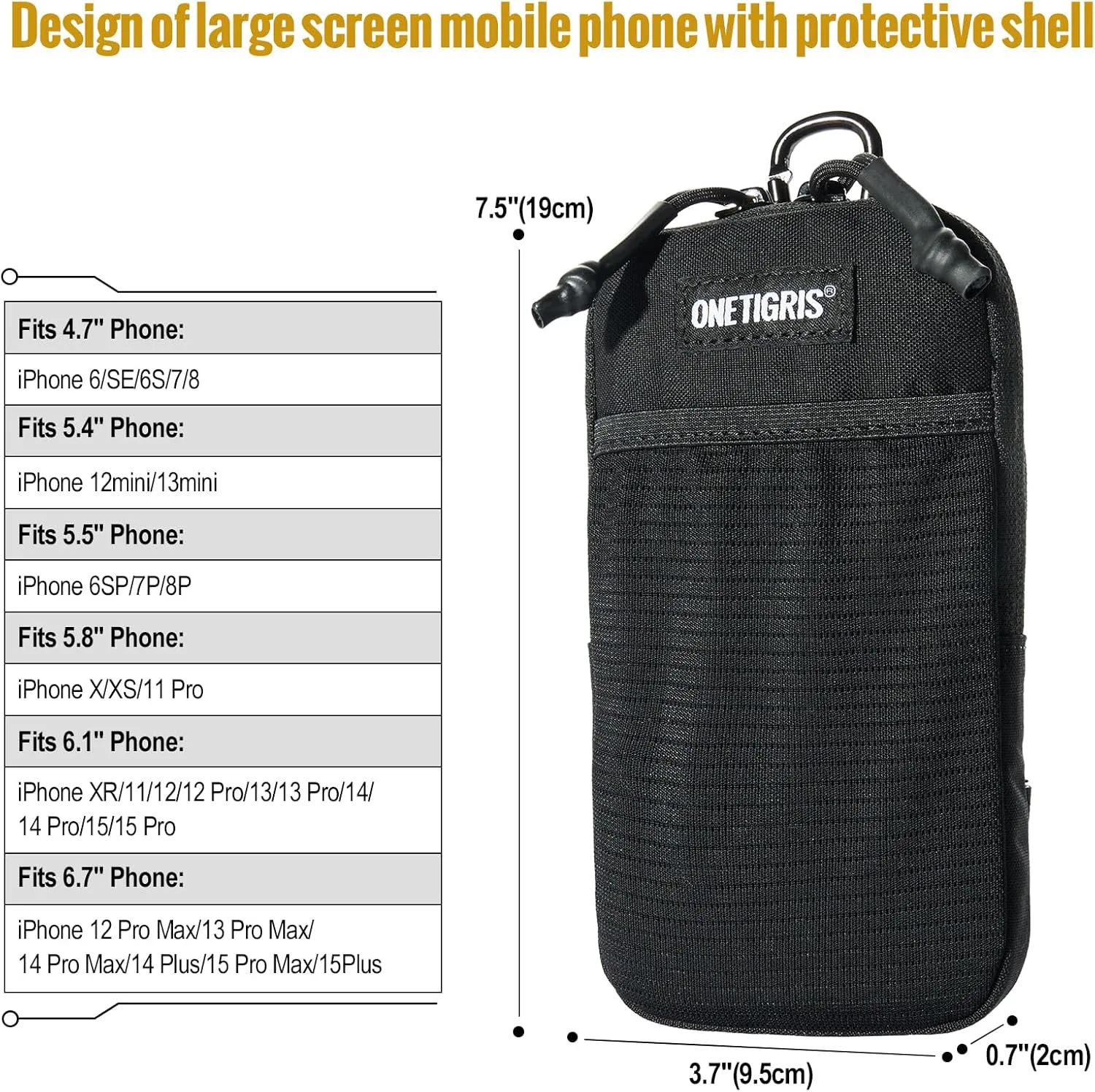 OneTigris Cell Phone Holster - Phone Belt Holder Molle Phone Pouch for Belt with Loop, Holds 4.7"-6.5" Phones in Black