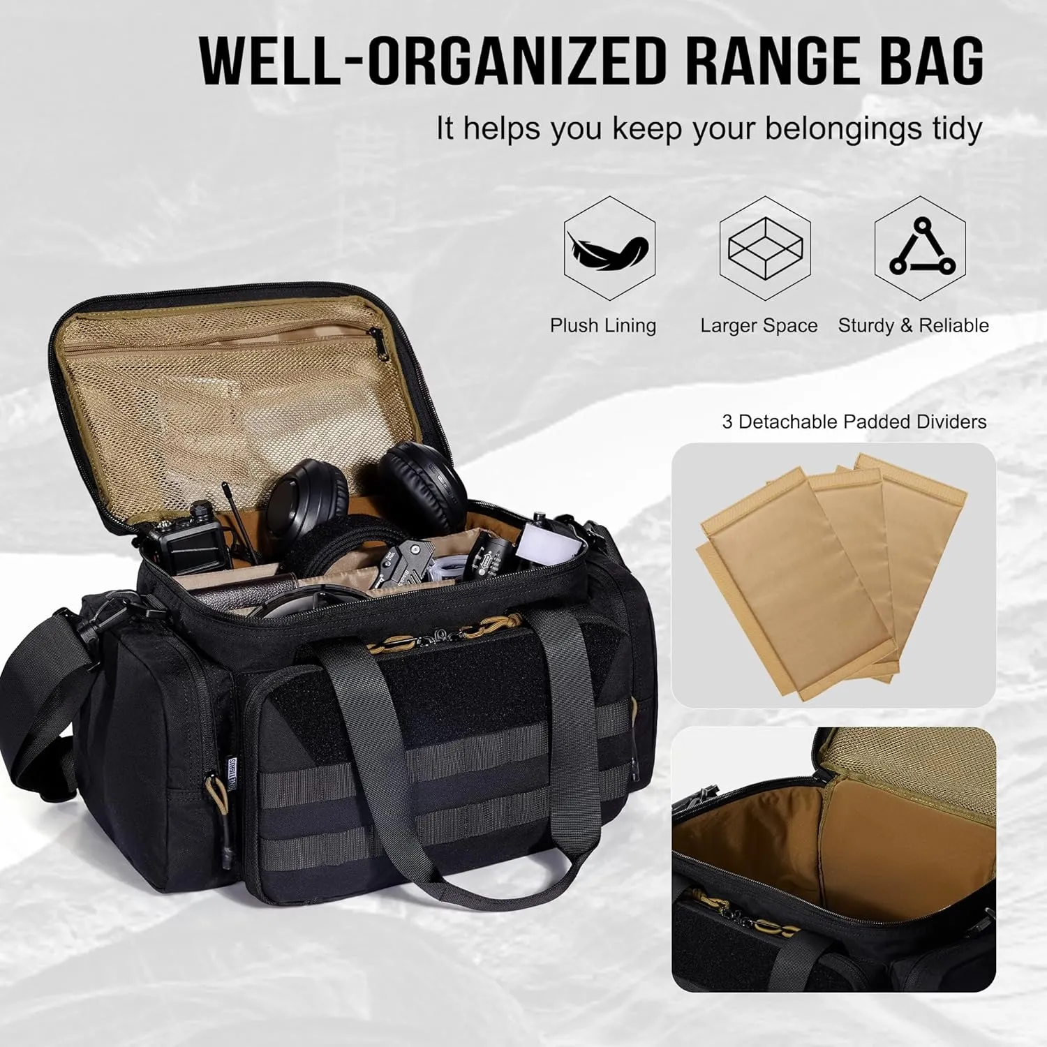 OneTigris Gun Range Bag, Hunting Shooting Range Bags for Handgun with 3 Removable Dividers 6 Elastic Mag Strap, Duffle Bag for Shooting, Fishing, Hiking, Outdoor, Sports