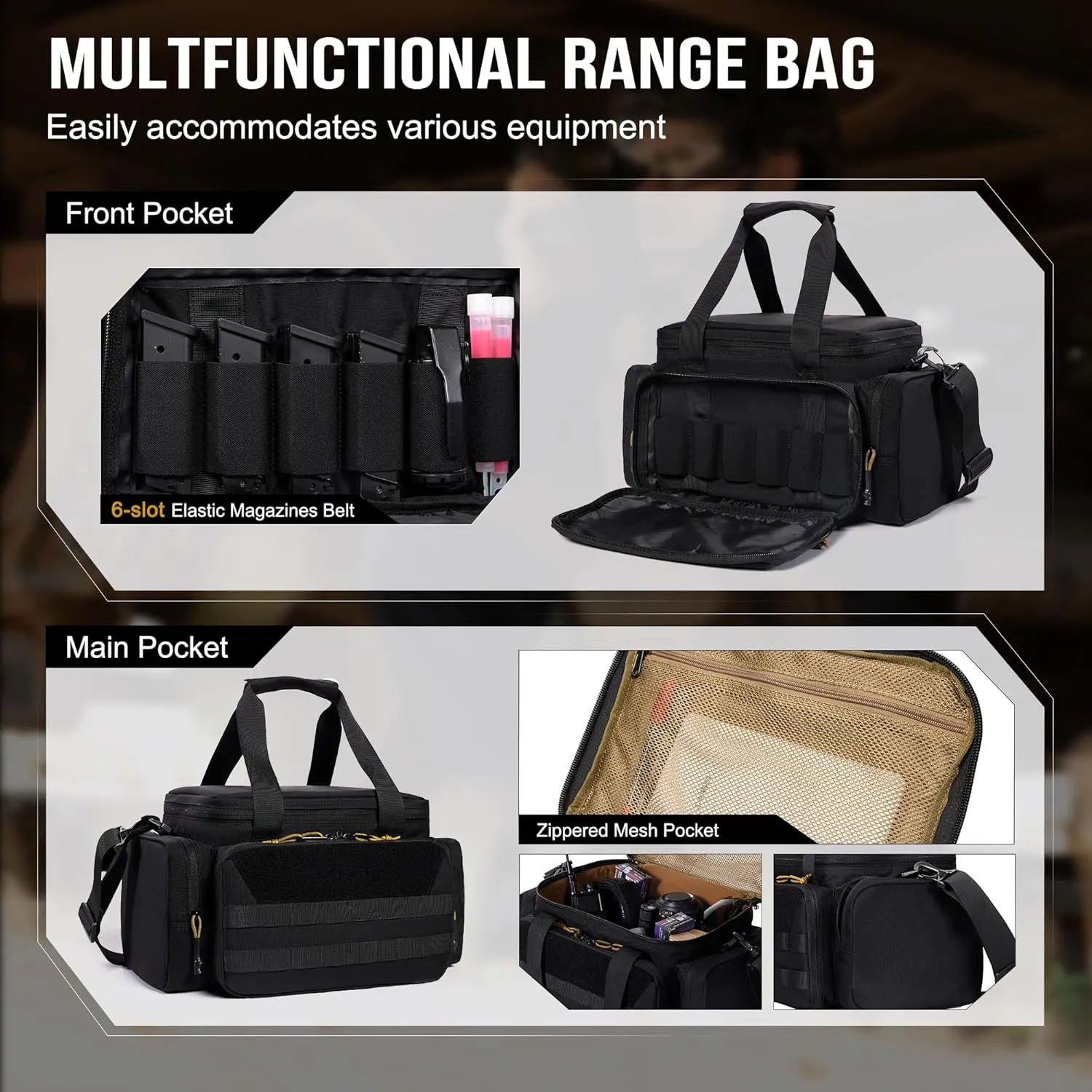 OneTigris Gun Range Bag, Hunting Shooting Range Bags for Handgun with 3 Removable Dividers 6 Elastic Mag Strap, Duffle Bag for Shooting, Fishing, Hiking, Outdoor, Sports