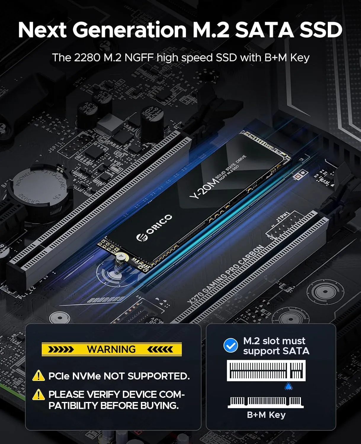 ORICO M.2 2280 SATA SSD, 1TB Internal M.2 SSD with B M Key for Desktop/Laptop, SATA III 6Gbps NGFF Solid State Drive Low Power Consumption (PCIe NVMe Incompatible) - Y20M