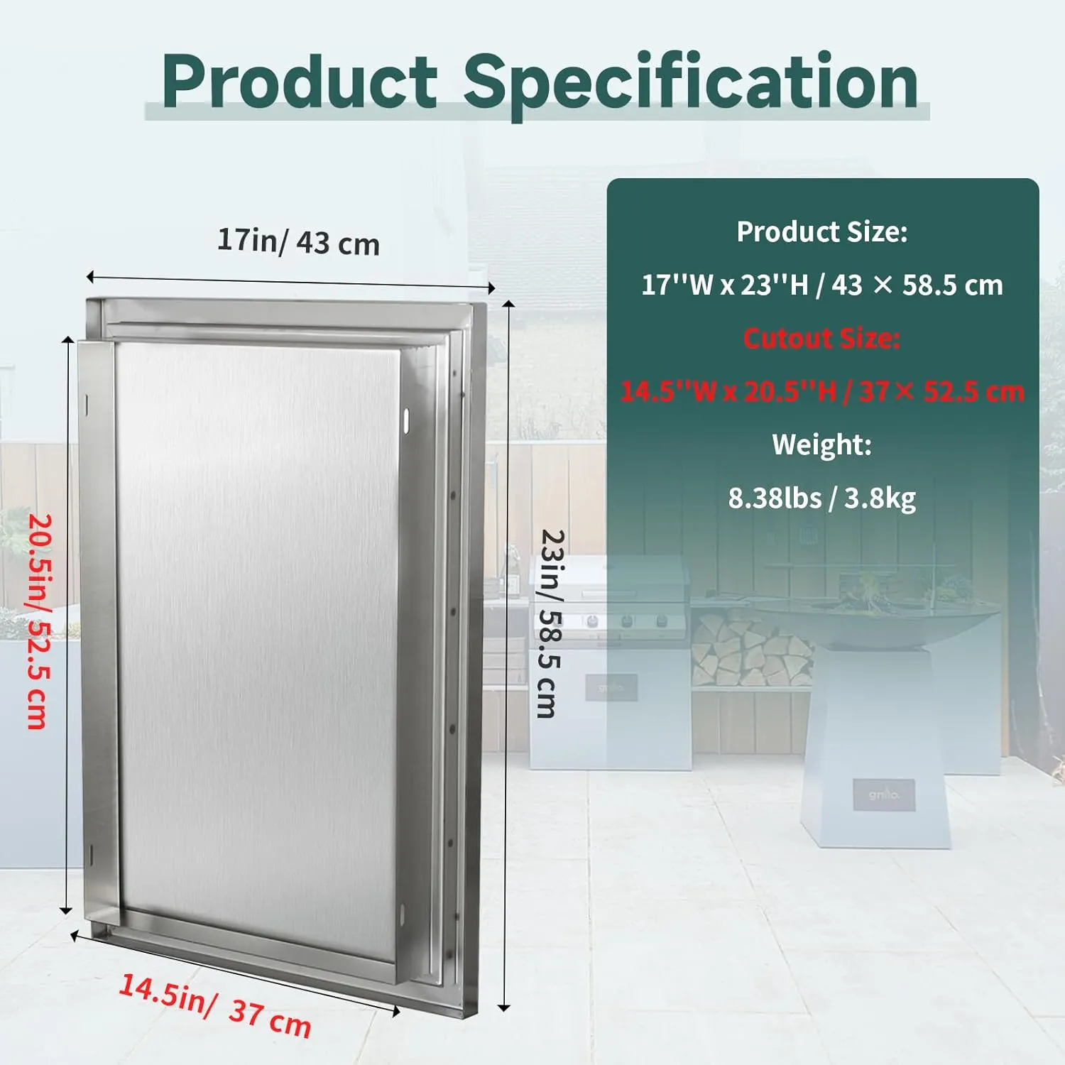 Outdoor Kitchen Doors 17W x 23H Inch Stainless Steel Doors, Vertical Access Door with Handles Single Access Cabinet Door, Flush Mount for Grilling Station, Outdoor Kitchens BBQ Island& Cabinet
