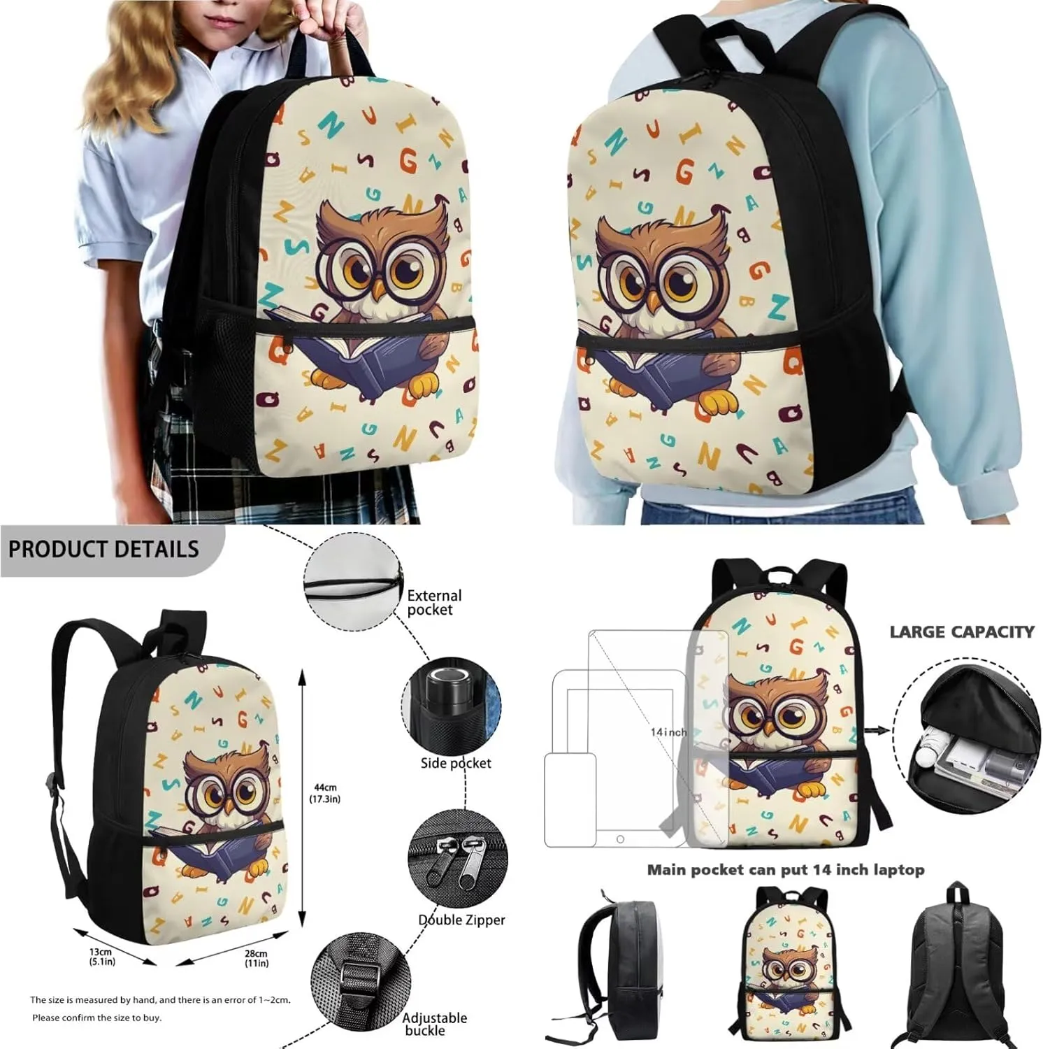 Owl Print Backpack with Lunch Box, Flower Printed Elementary School Bookbags Sets, 4 In 1 School Backpack Sets for Teens Kids, Back to School Daycare Bags Satchel
