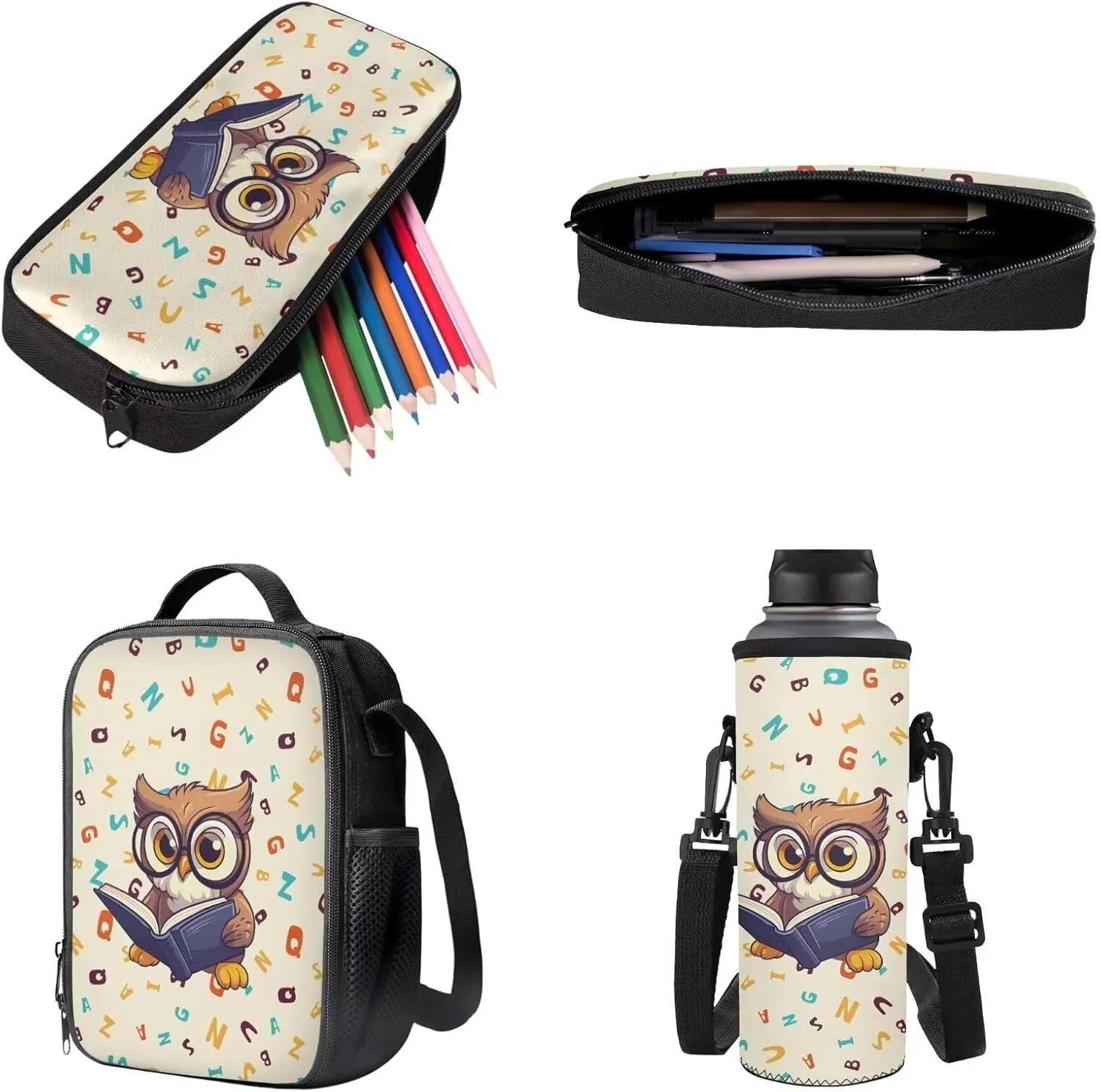 Owl Print Backpack with Lunch Box, Flower Printed Elementary School Bookbags Sets, 4 In 1 School Backpack Sets for Teens Kids, Back to School Daycare Bags Satchel