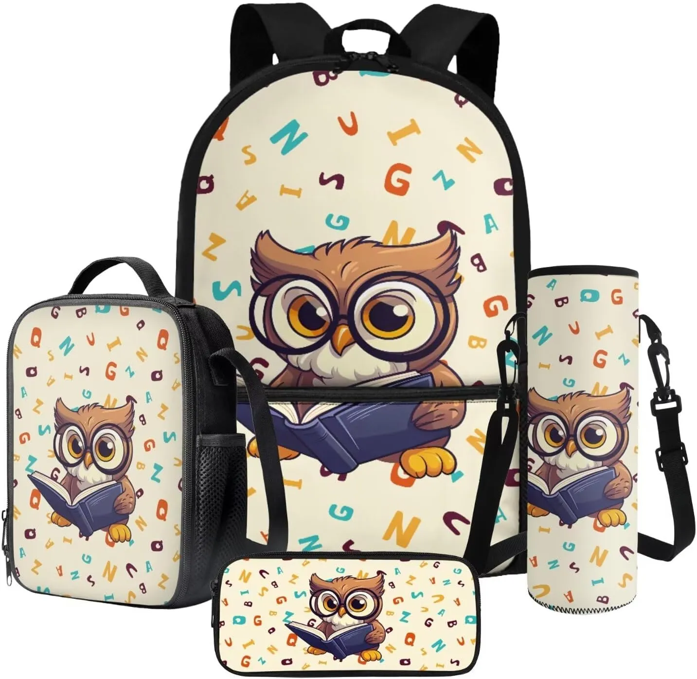 Owl Print Backpack with Lunch Box, Flower Printed Elementary School Bookbags Sets, 4 In 1 School Backpack Sets for Teens Kids, Back to School Daycare Bags Satchel