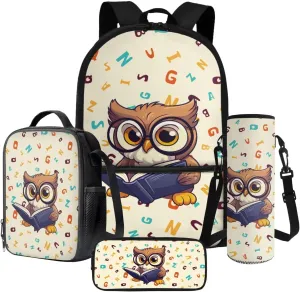 Owl Print Backpack with Lunch Box, Flower Printed Elementary School Bookbags Sets, 4 In 1 School Backpack Sets for Teens Kids, Back to School Daycare Bags Satchel