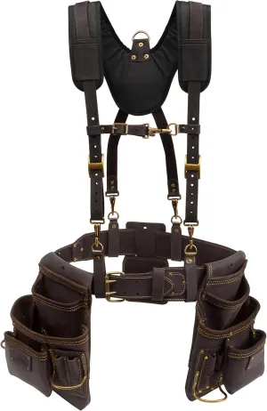 OX Tools Oil Tanned Leather Framing Rig with Padded Suspenders Leather Carpenter Tool Belt with Suspenders and Tool Pouches Dual Hammer Holsters OX-P263609