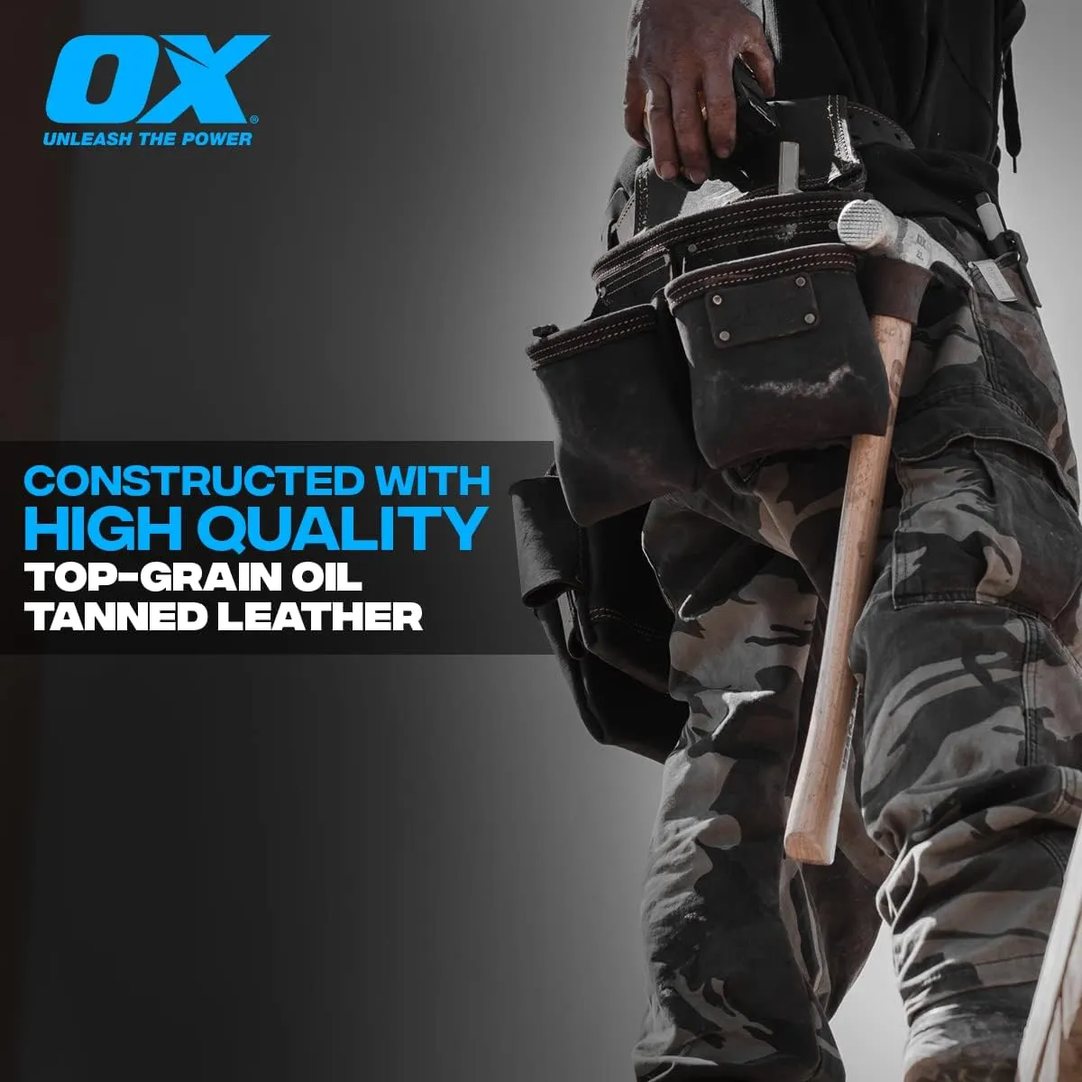 OX Tools Oil Tanned Leather Framing Rig with Padded Suspenders Leather Carpenter Tool Belt with Suspenders and Tool Pouches Dual Hammer Holsters OX-P263609