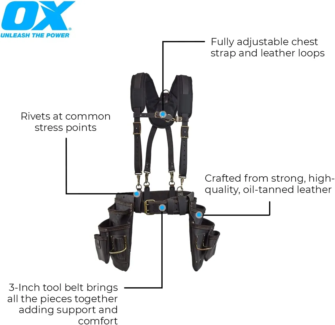 OX Tools Oil Tanned Leather Framing Rig with Padded Suspenders Leather Carpenter Tool Belt with Suspenders and Tool Pouches Dual Hammer Holsters OX-P263609