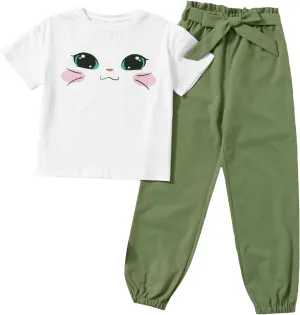 OYOANGLE Girl's 2 Piece Outfits Cartoon Short Sleeve Shirt and Belted Paperbag Pants Set