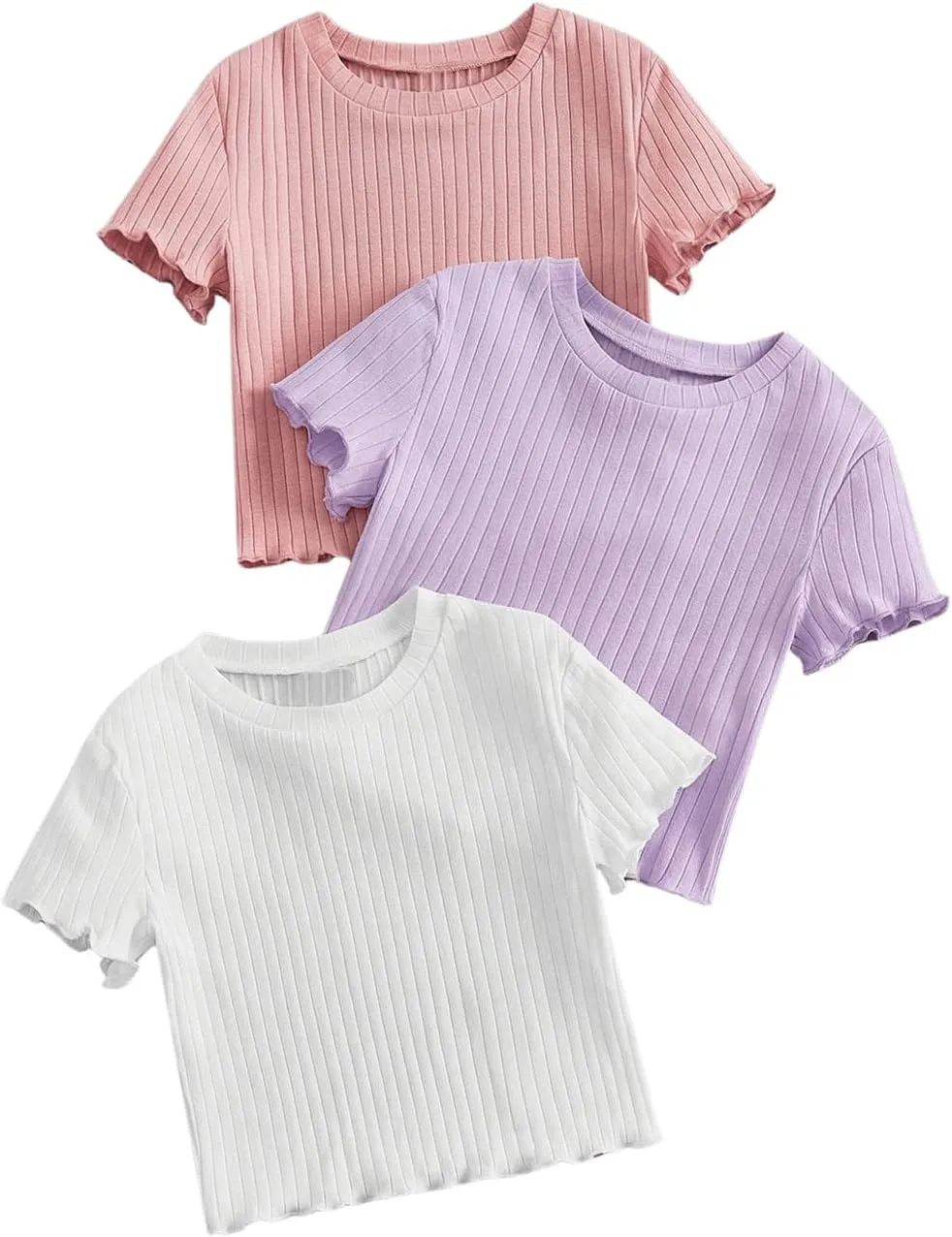 OYOANGLE Girl's 3Pcs Rib-Knit Short Sleeve Crop Top Crew Neck Lettuce Trim Crop Tee Top
