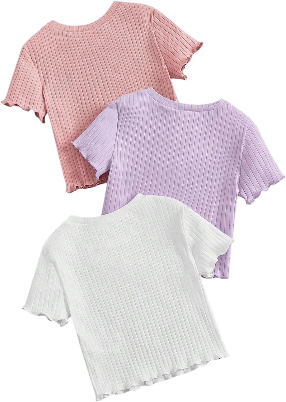 OYOANGLE Girl's 3Pcs Rib-Knit Short Sleeve Crop Top Crew Neck Lettuce Trim Crop Tee Top