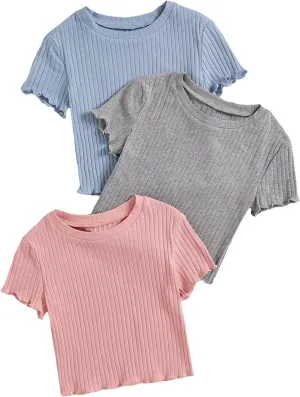 OYOANGLE Girl's 3Pcs Rib-Knit Short Sleeve Crop Top Crew Neck Lettuce Trim Crop Tee Top