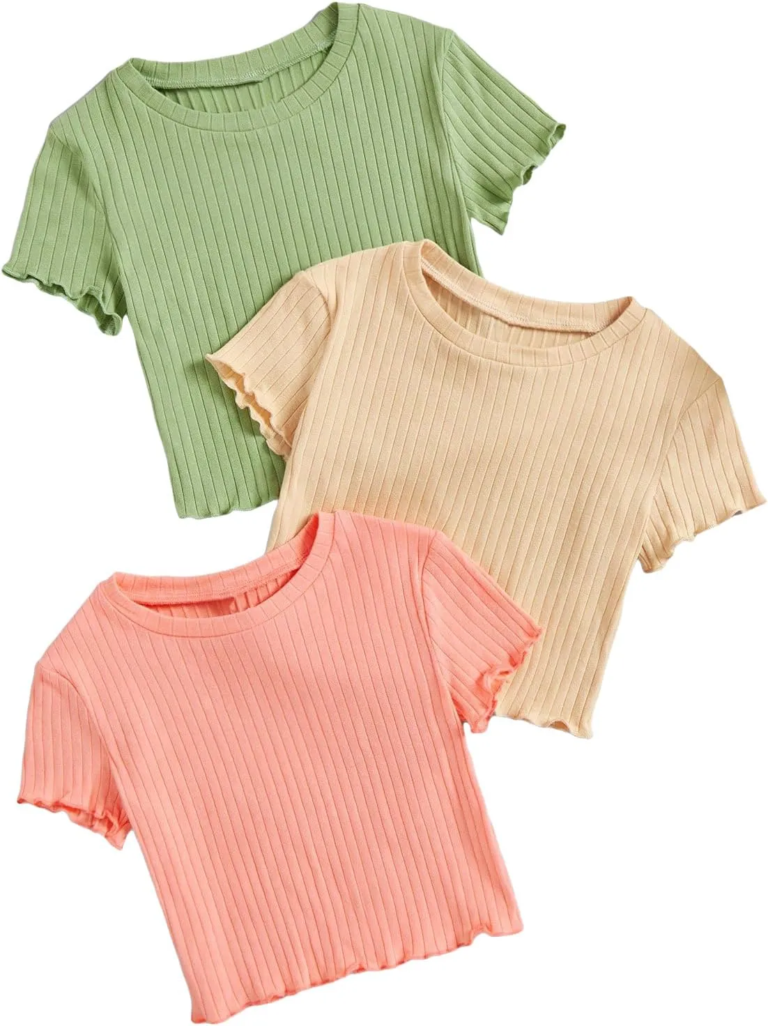 OYOANGLE Girl's 3Pcs Rib-Knit Short Sleeve Crop Top Crew Neck Lettuce Trim Crop Tee Top