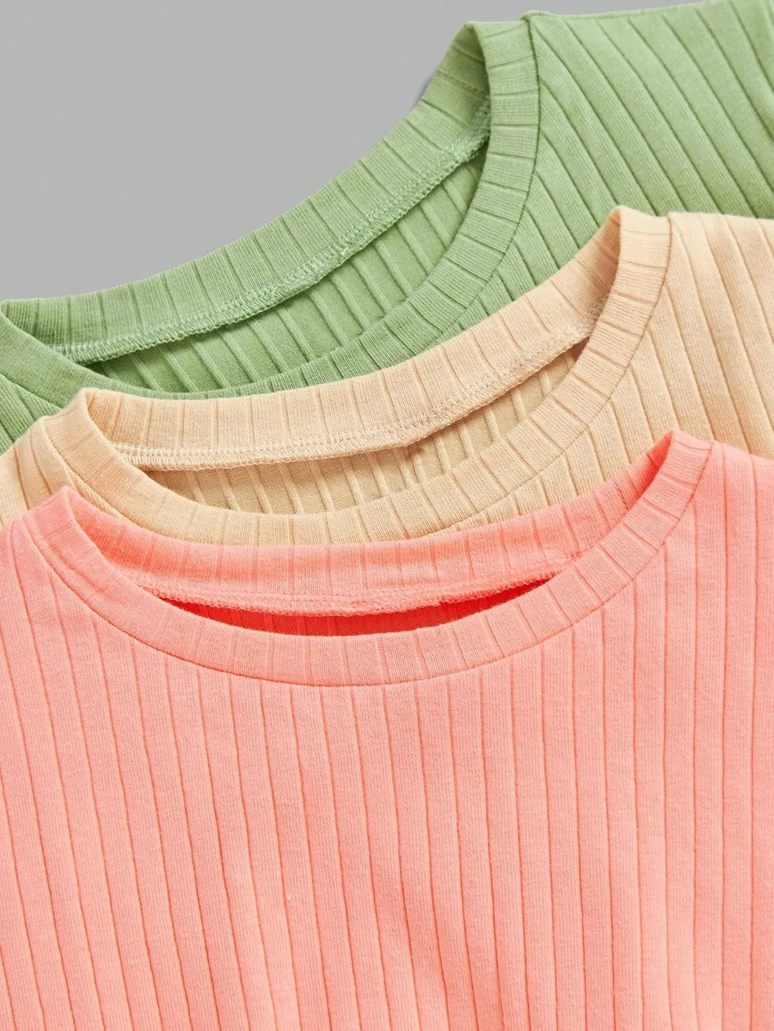 OYOANGLE Girl's 3Pcs Rib-Knit Short Sleeve Crop Top Crew Neck Lettuce Trim Crop Tee Top