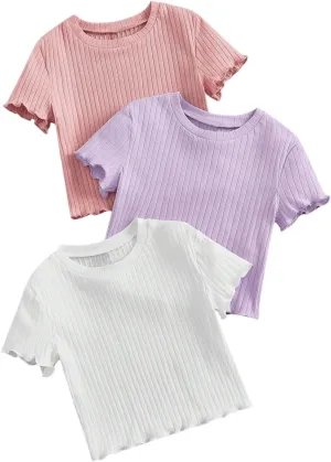 OYOANGLE Girl's 3Pcs Rib-Knit Short Sleeve Crop Top Crew Neck Lettuce Trim Crop Tee Top