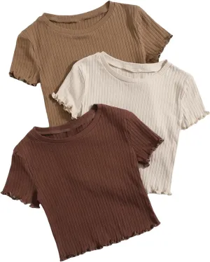 OYOANGLE Girl's 3Pcs Rib-Knit Short Sleeve Crop Top Crew Neck Lettuce Trim Crop Tee Top