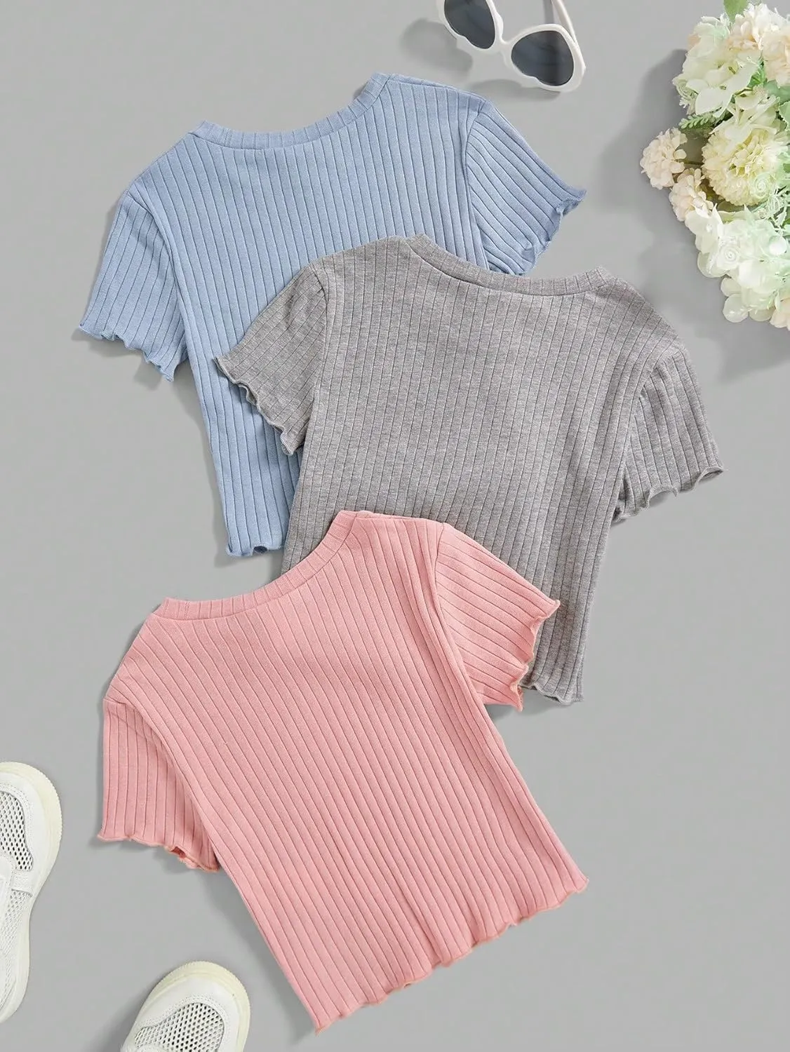 OYOANGLE Girl's 3Pcs Rib-Knit Short Sleeve Crop Top Crew Neck Lettuce Trim Crop Tee Top