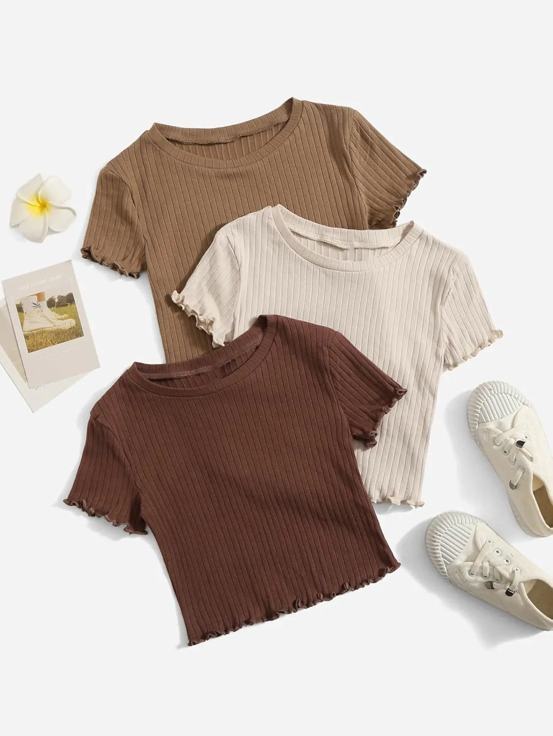 OYOANGLE Girl's 3Pcs Rib-Knit Short Sleeve Crop Top Crew Neck Lettuce Trim Crop Tee Top