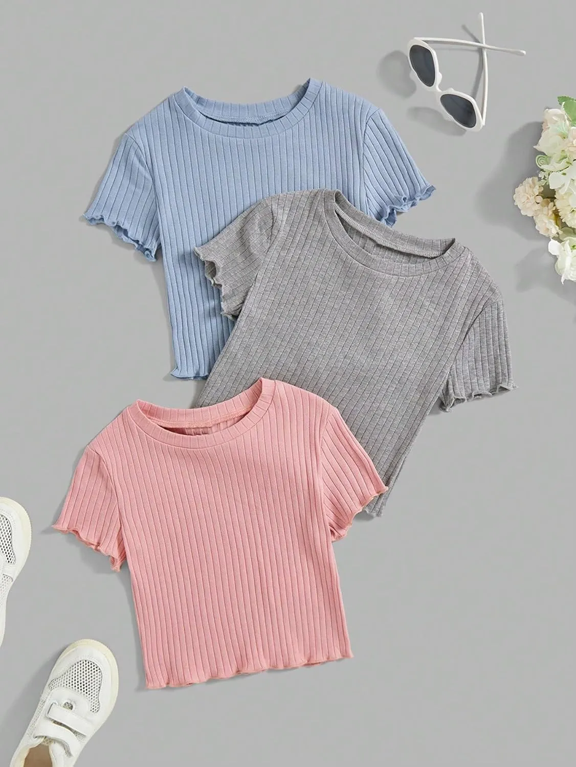 OYOANGLE Girl's 3Pcs Rib-Knit Short Sleeve Crop Top Crew Neck Lettuce Trim Crop Tee Top