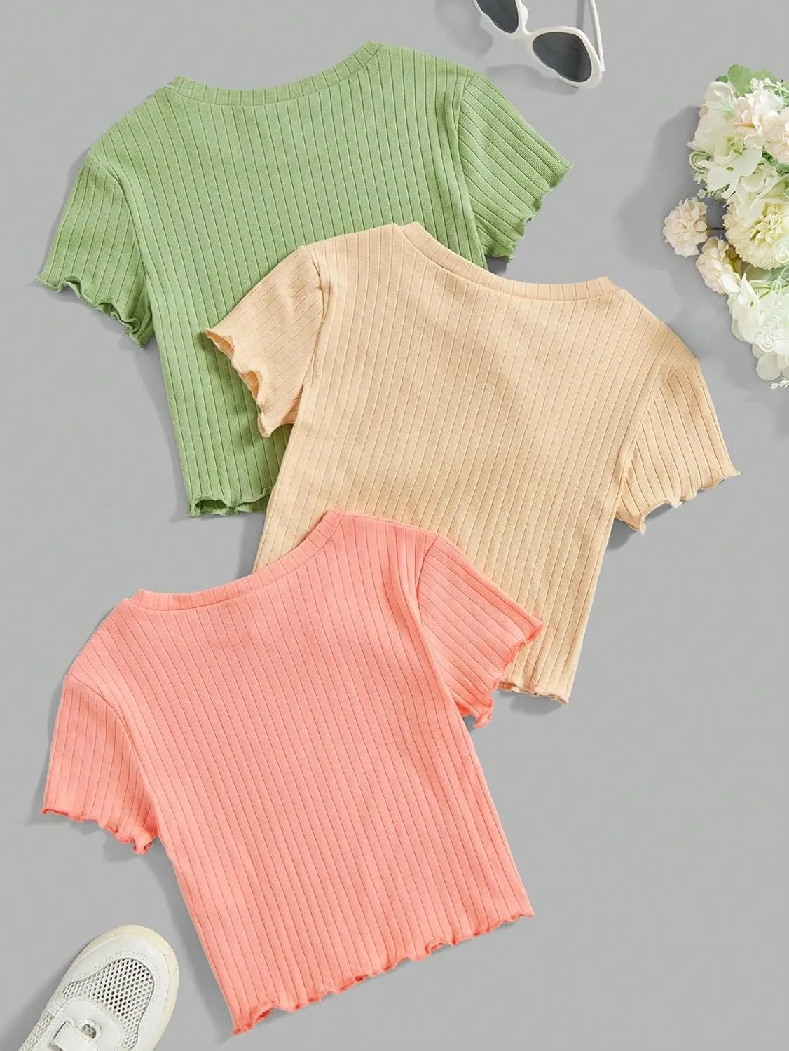 OYOANGLE Girl's 3Pcs Rib-Knit Short Sleeve Crop Top Crew Neck Lettuce Trim Crop Tee Top