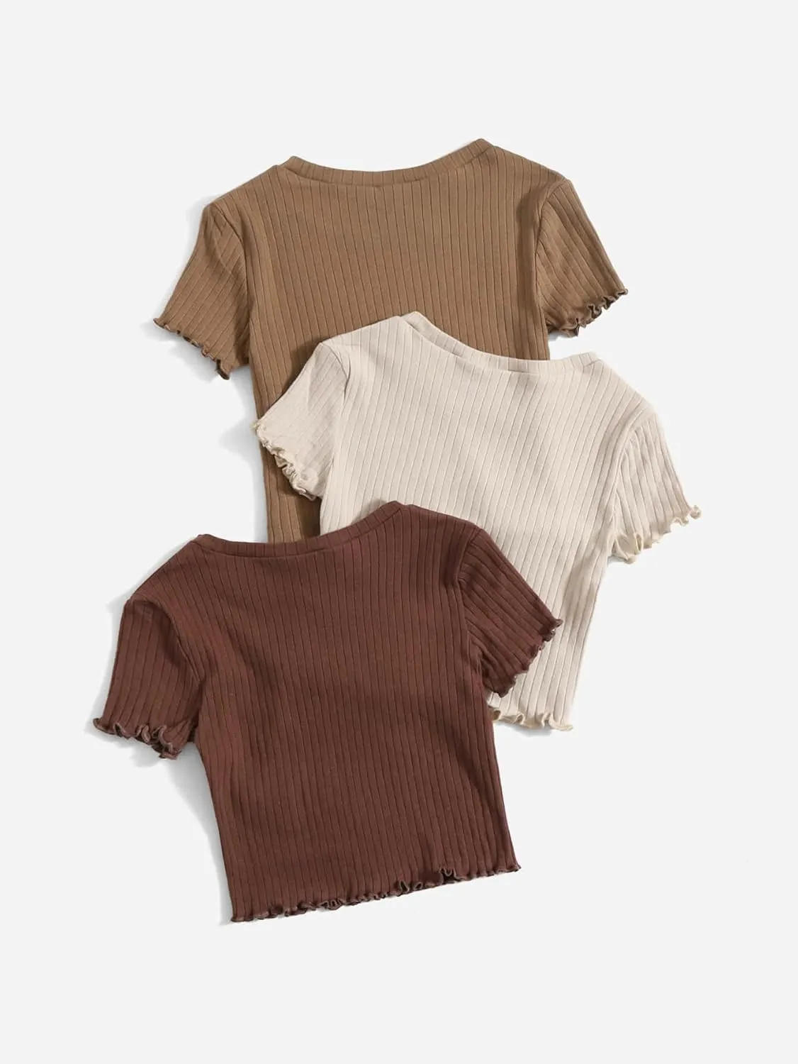 OYOANGLE Girl's 3Pcs Rib-Knit Short Sleeve Crop Top Crew Neck Lettuce Trim Crop Tee Top