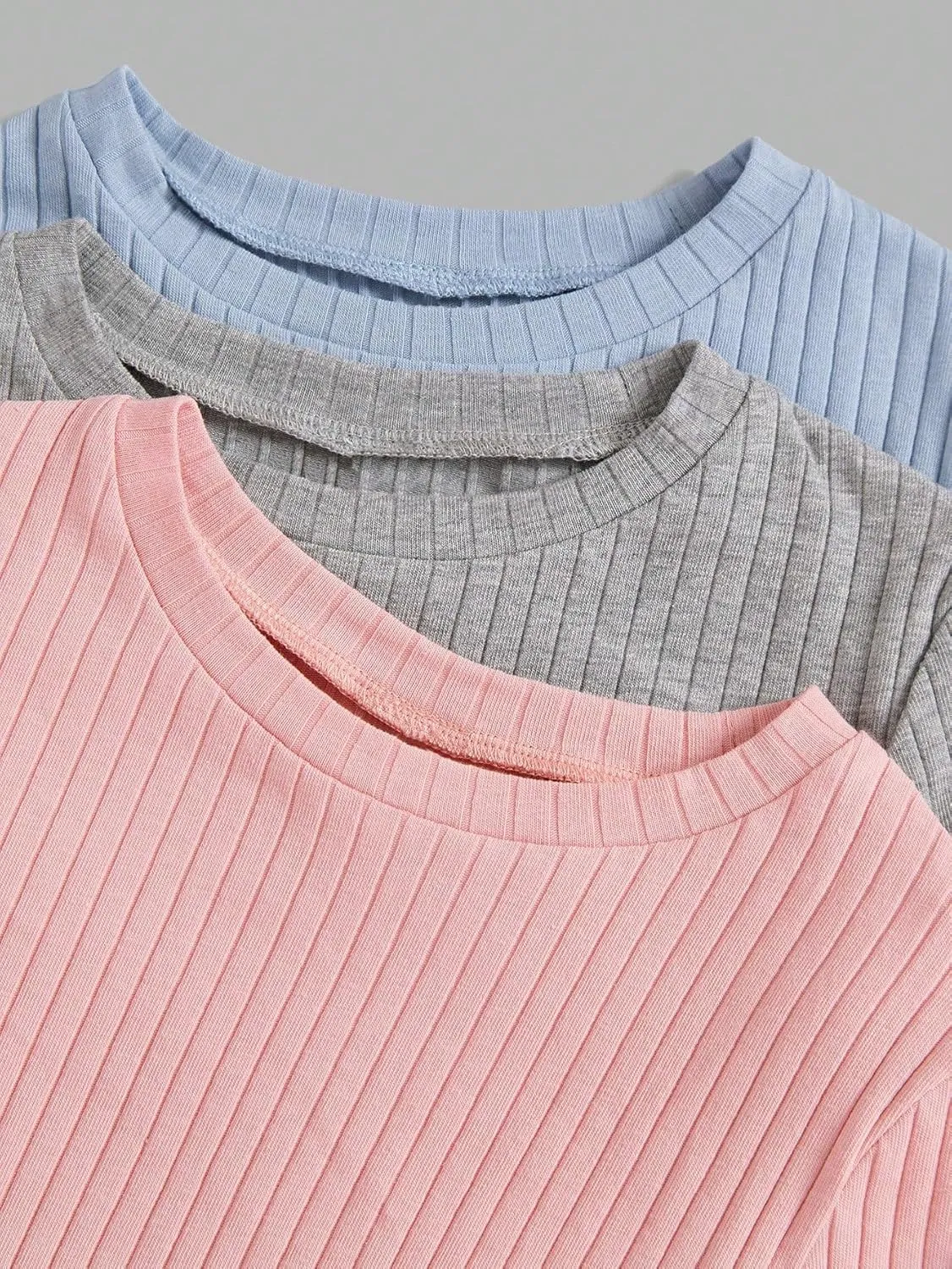 OYOANGLE Girl's 3Pcs Rib-Knit Short Sleeve Crop Top Crew Neck Lettuce Trim Crop Tee Top