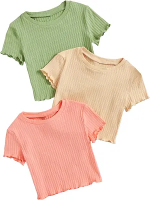 OYOANGLE Girl's 3Pcs Rib-Knit Short Sleeve Crop Top Crew Neck Lettuce Trim Crop Tee Top