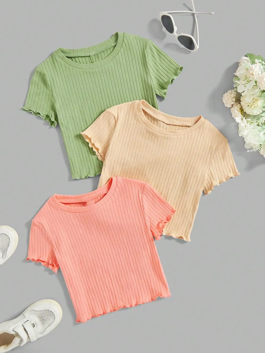 OYOANGLE Girl's 3Pcs Rib-Knit Short Sleeve Crop Top Crew Neck Lettuce Trim Crop Tee Top