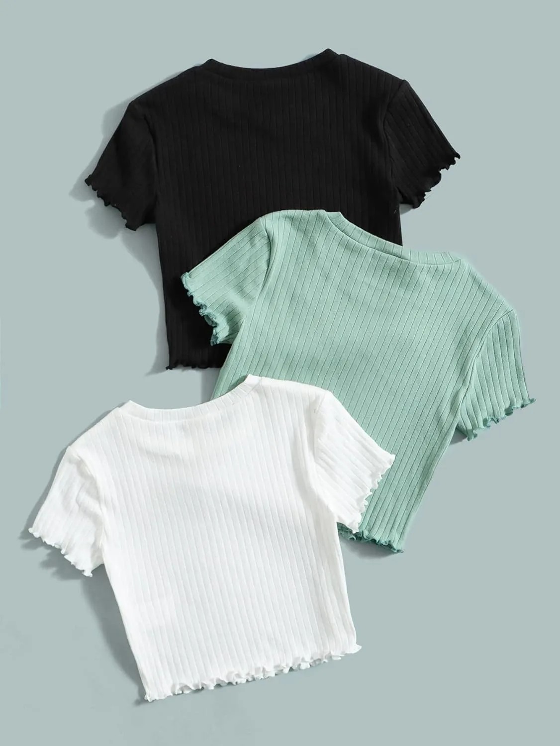 OYOANGLE Girl's 3Pcs Rib-Knit Short Sleeve Crop Top Crew Neck Lettuce Trim Crop Tee Top