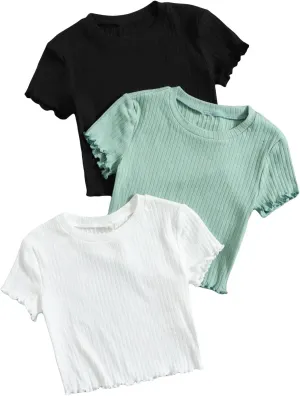 OYOANGLE Girl's 3Pcs Rib-Knit Short Sleeve Crop Top Crew Neck Lettuce Trim Crop Tee Top
