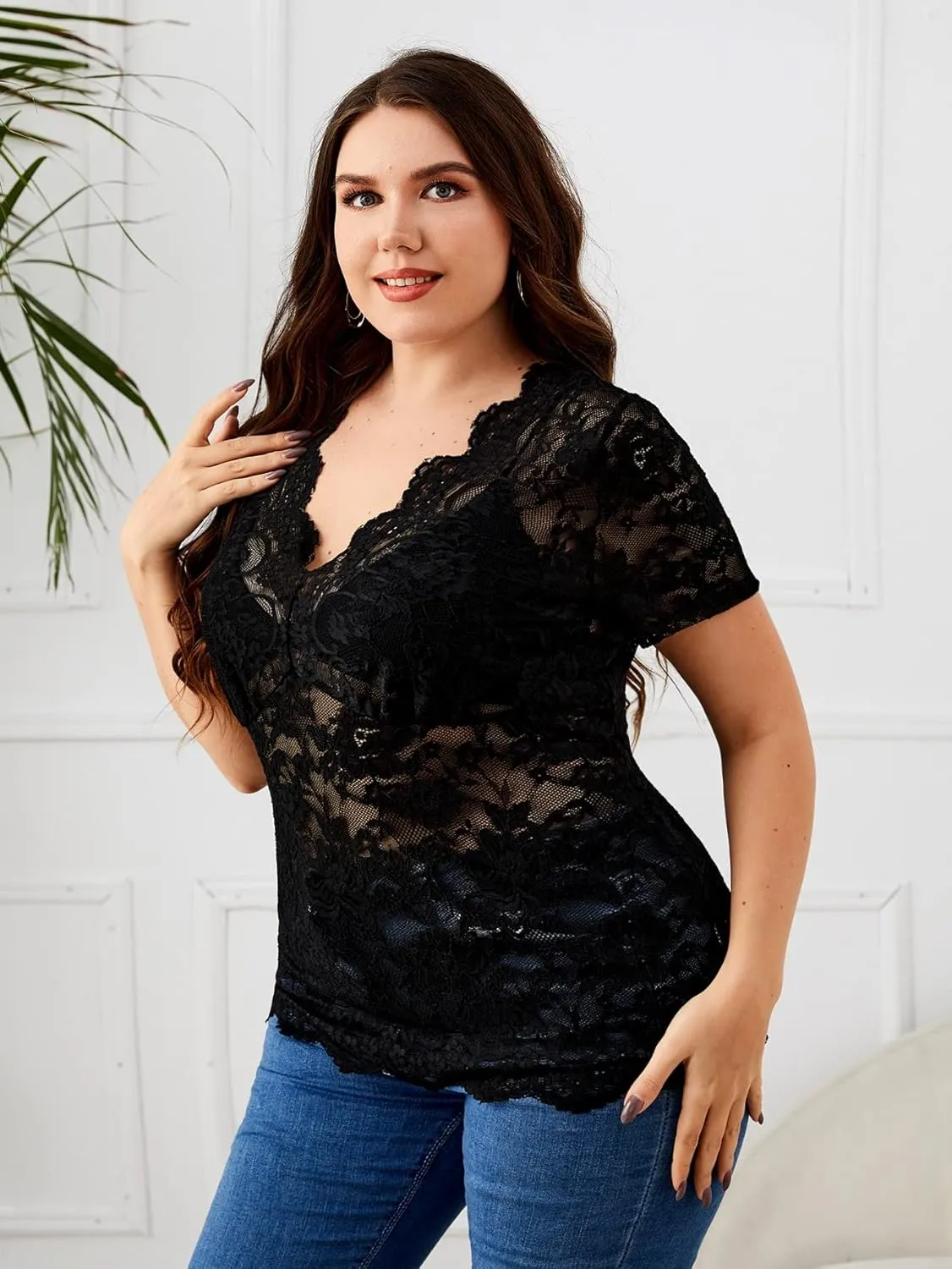 OYOANGLE Women's Plus Size Short Sleeve Floral Lace Blouse Mesh V Neck Slim Tee Shirt Top