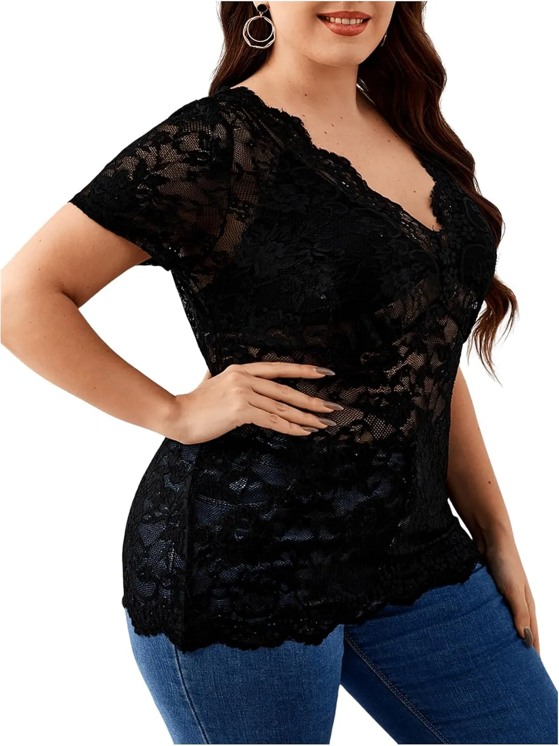 OYOANGLE Women's Plus Size Short Sleeve Floral Lace Blouse Mesh V Neck Slim Tee Shirt Top