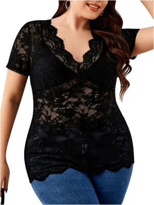 OYOANGLE Women's Plus Size Short Sleeve Floral Lace Blouse Mesh V Neck Slim Tee Shirt Top