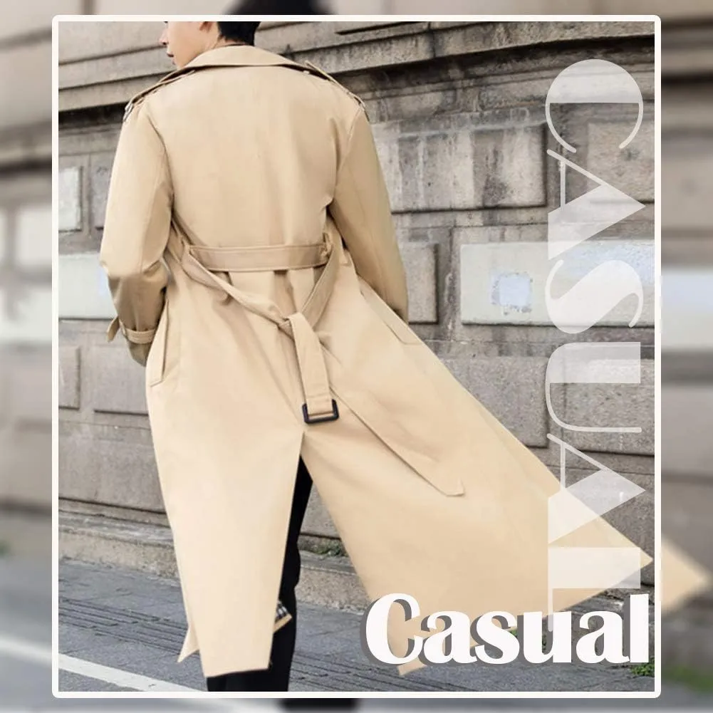 Pantete Man's Double Breasted Trench Coat Oversized Casual windbreaker Lapel Long Jacket Overcoat
