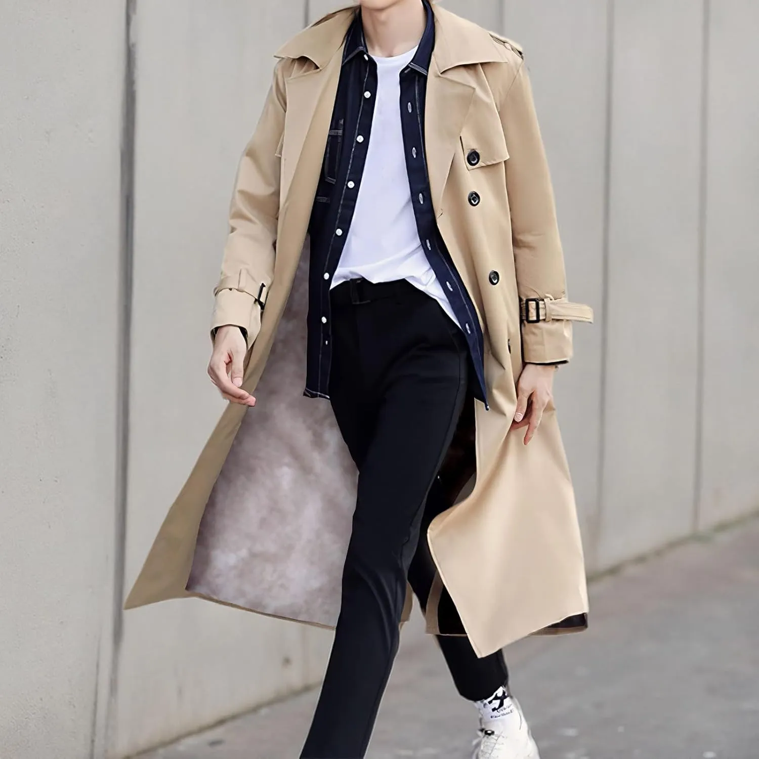 Pantete Man's Double Breasted Trench Coat Oversized Casual windbreaker Lapel Long Jacket Overcoat