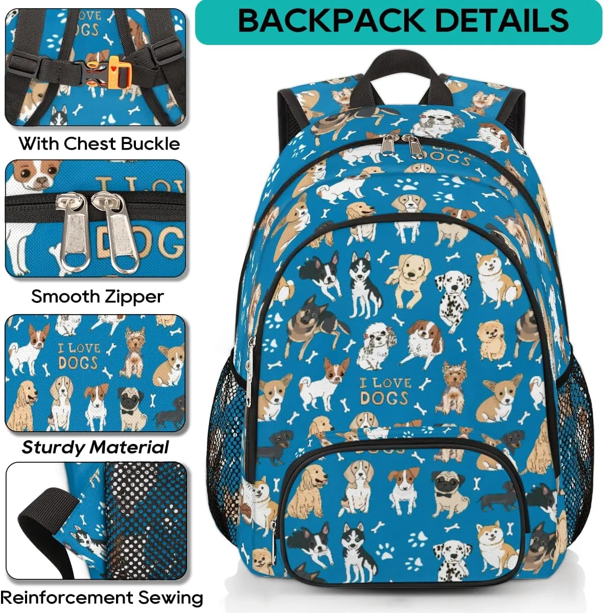 Pardick Cute Dogs Animals Backpack for Girls Boys, Cute School Backpack for Kids Teens Preschool Elementary Kindergarten Bookbags School Bags 14 inch Laptop Backpacks Casual Travel Hiking