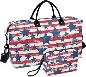 Patriotic Stripe Stars Travel Duffel Bag with Toiletry Bag Personalized Weekender Bag for Travel Sports Trips Large Gym Carry On Bag for Women & Men
