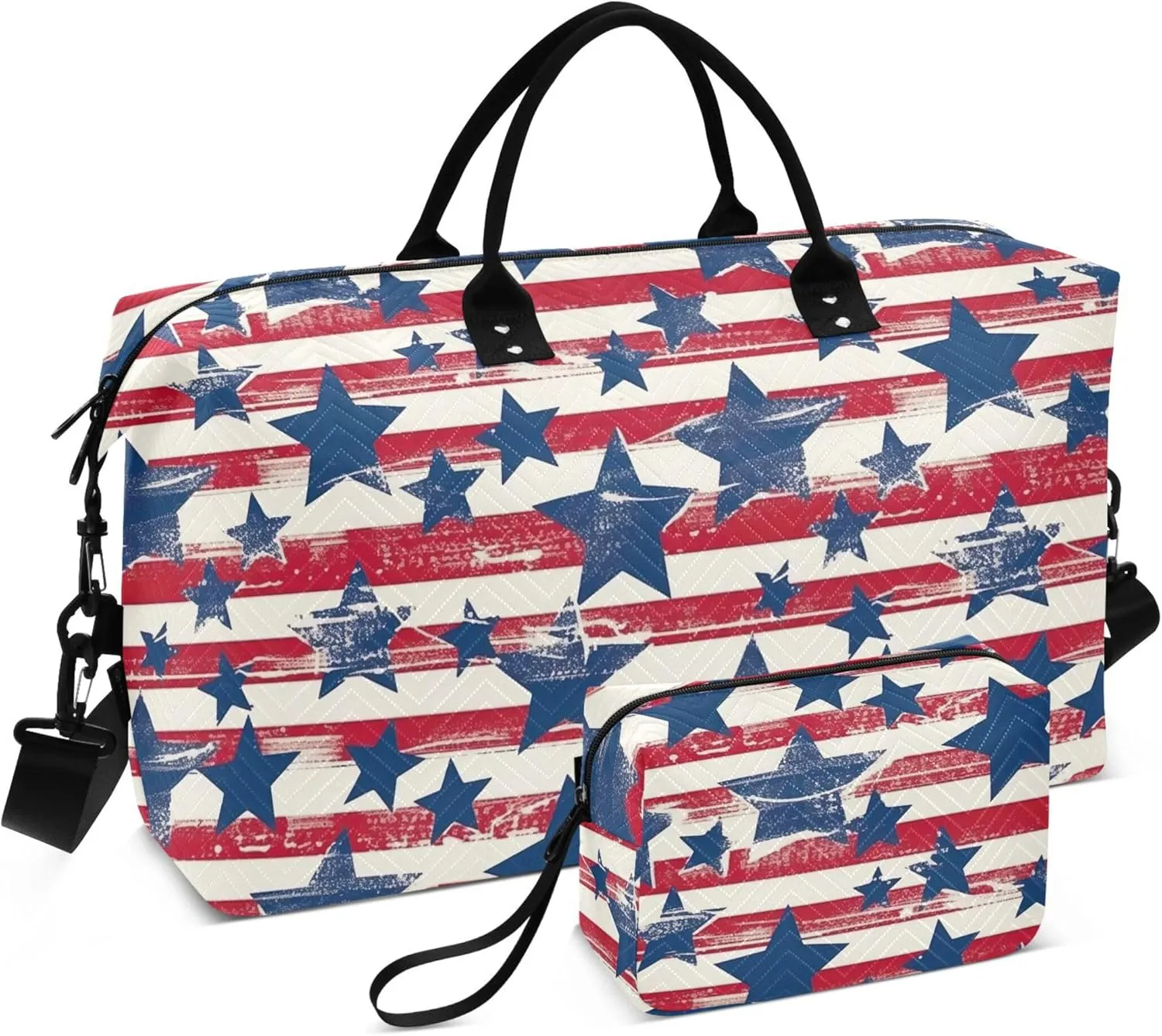 Patriotic Stripe Stars Travel Duffel Bag with Toiletry Bag Personalized Weekender Bag for Travel Sports Trips Large Gym Carry On Bag for Women & Men