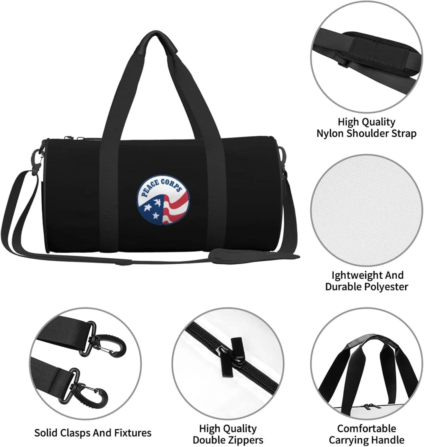 Peace Corps Travel Luggage Duffel Bag Sports Rolling Foldable Duffel Bag, Black