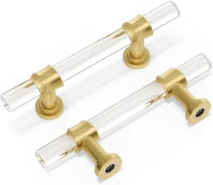 Peaha 10 Pack 3 Inch Acrylic Cabinet Pulls Gold Drawer Handles Brushed Brass Hardware Zinc Alloy for Dresser Cupboard Kitchen