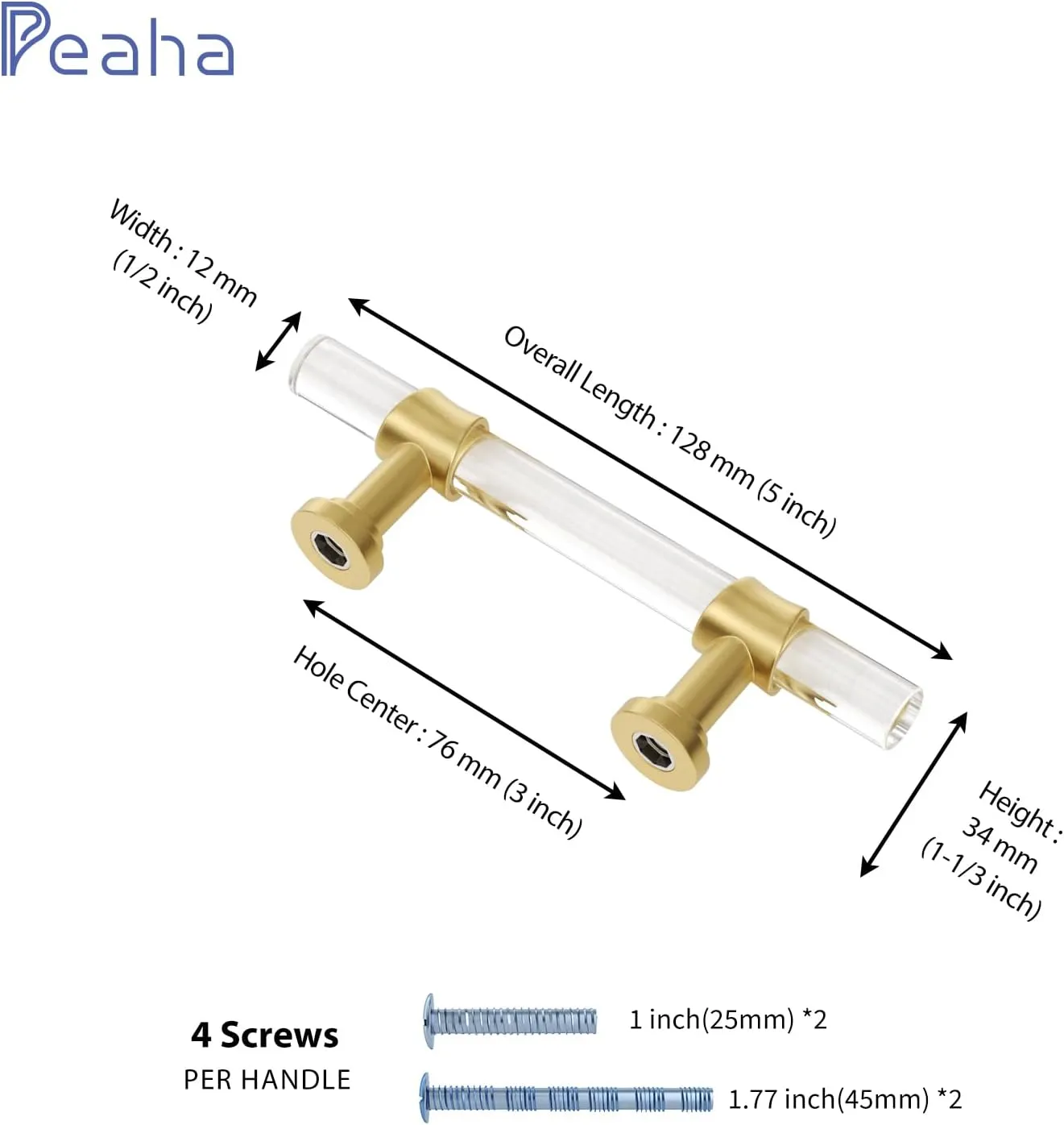 Peaha 10 Pack 3 Inch Acrylic Cabinet Pulls Gold Drawer Handles Brushed Brass Hardware Zinc Alloy for Dresser Cupboard Kitchen